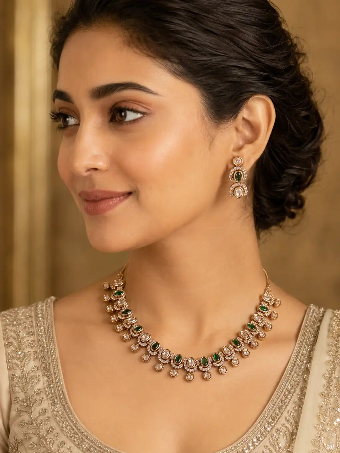 green oval geometric drop necklace set for wedding and festive wear – Mehrunnisa Green Oval & Geometric Drop Necklace Set, additional product view 3