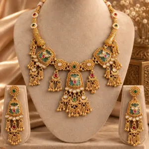 green panel and chain-tassel necklace set – Rajmeher Green Panel & Chain-Tassel Necklace Set