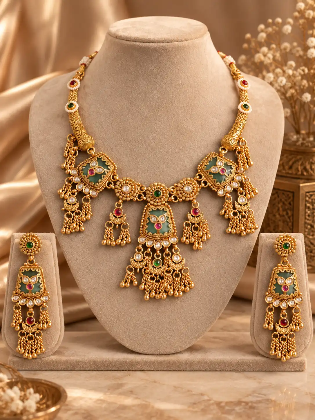 rajmeher-green-panel-chain-tassel-necklace-set