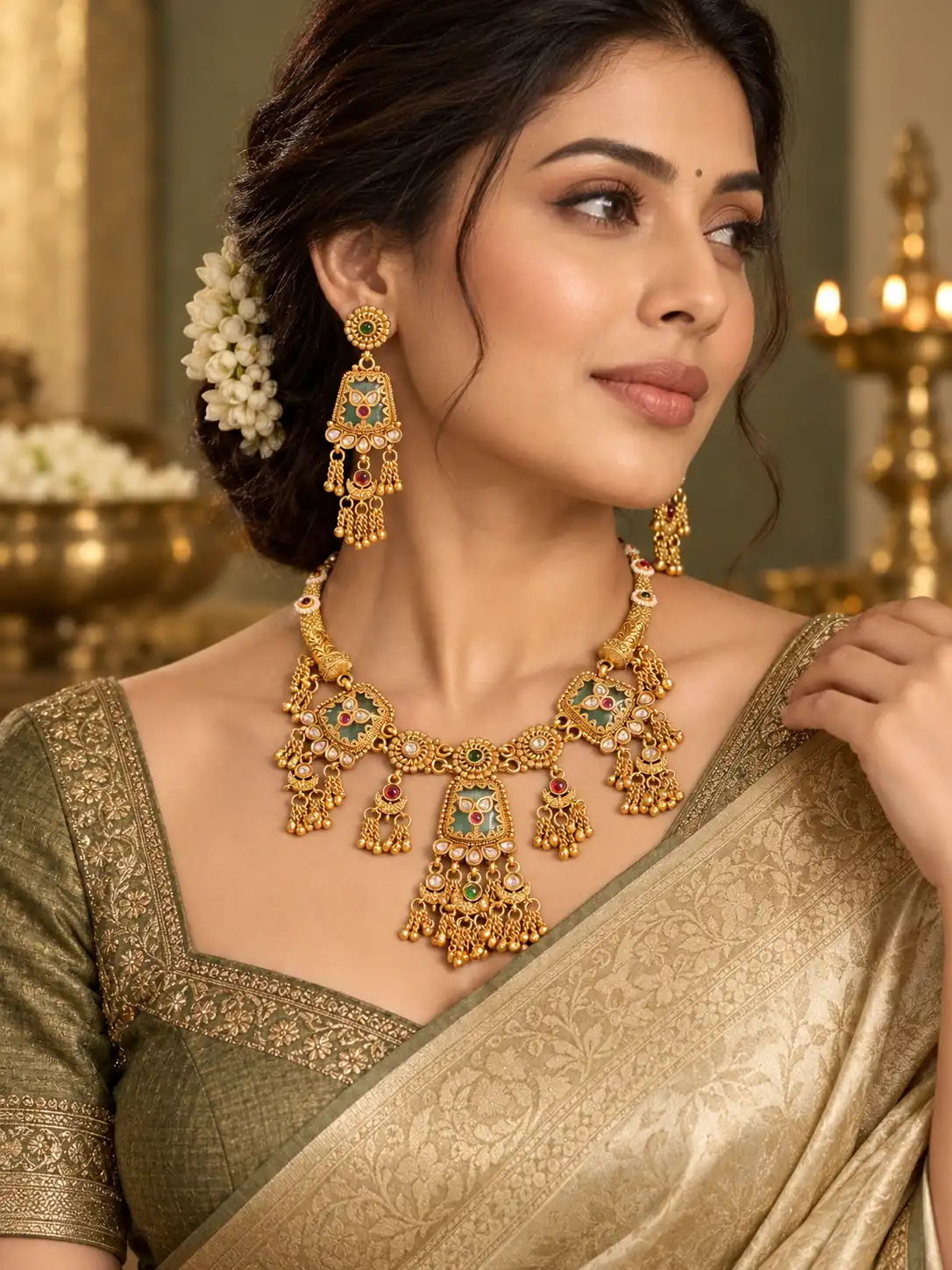 premium artificial necklace set for wedding wear – Rajmeher Green Panel & Chain-Tassel Necklace Set, additional product view 7