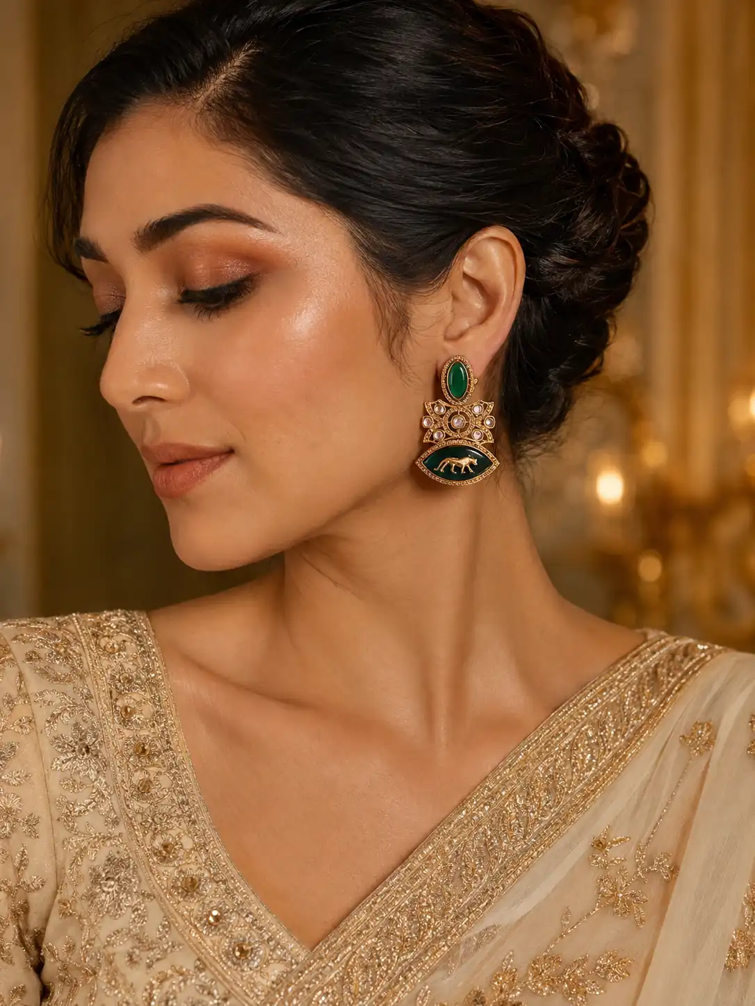 premium artificial earrings for wedding wear – Baagh-e-Zamrud Green Panther Statement Earrings, additional product view 10