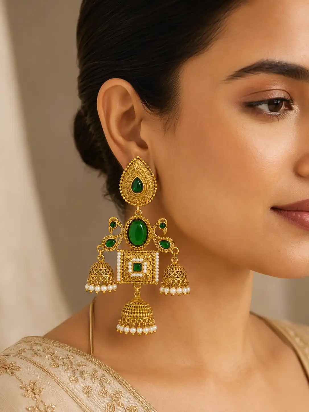 kashmiri statement earrings for women – Mayura Shalimar Green Peacock Jhumka Earrings, additional product view 2