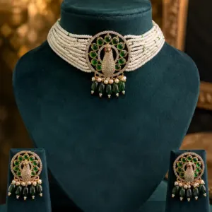 green peacock pearl-style choker set – Mayurini Green Peacock Pearl-Style Choker Set