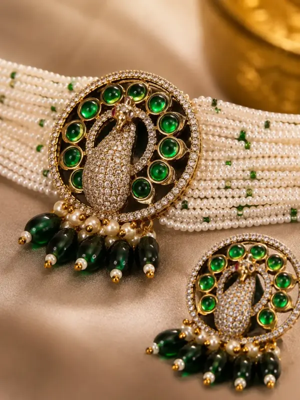 statement choker necklace set for women – Mayurini Green Peacock Pearl-Style Choker Set, additional product view 2