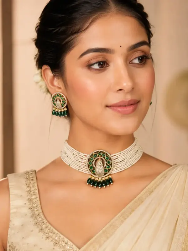 green peacock pearl-style choker set for wedding and festive wear – Mayurini Green Peacock Pearl-Style Choker Set, additional product view 3