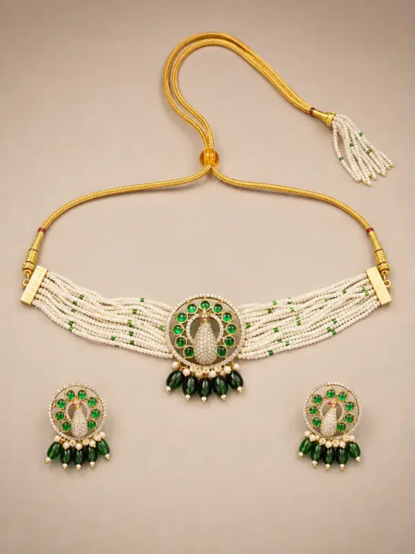 premium artificial necklace set for wedding wear – Mayurini Green Peacock Pearl-Style Choker Set, additional product view 4