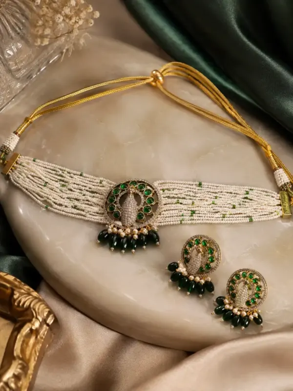 green peacock pearl-style choker set for wedding and festive wear – Mayurini Green Peacock Pearl-Style Choker Set, additional product view 6