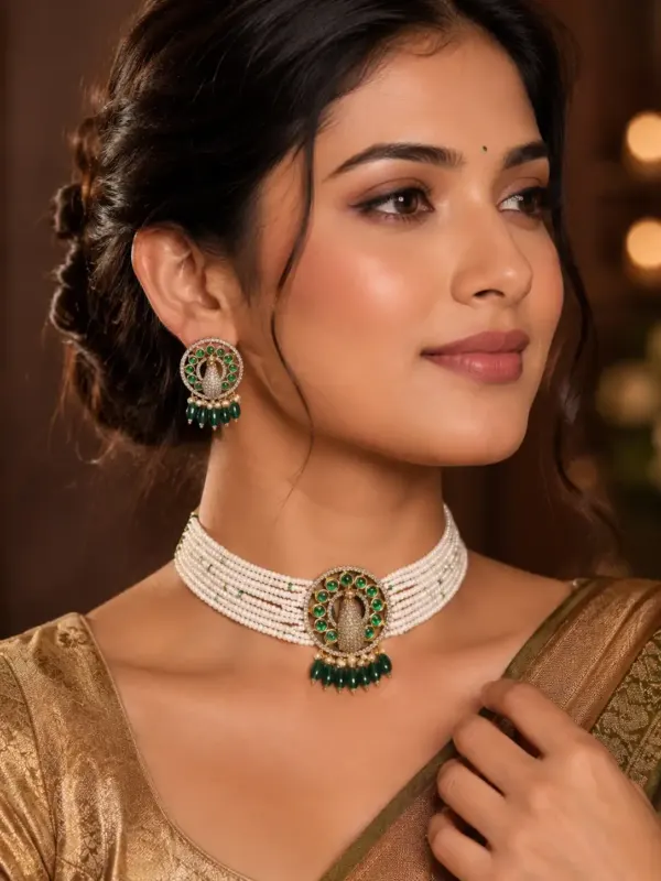 premium artificial necklace set for wedding wear – Mayurini Green Peacock Pearl-Style Choker Set, additional product view 7