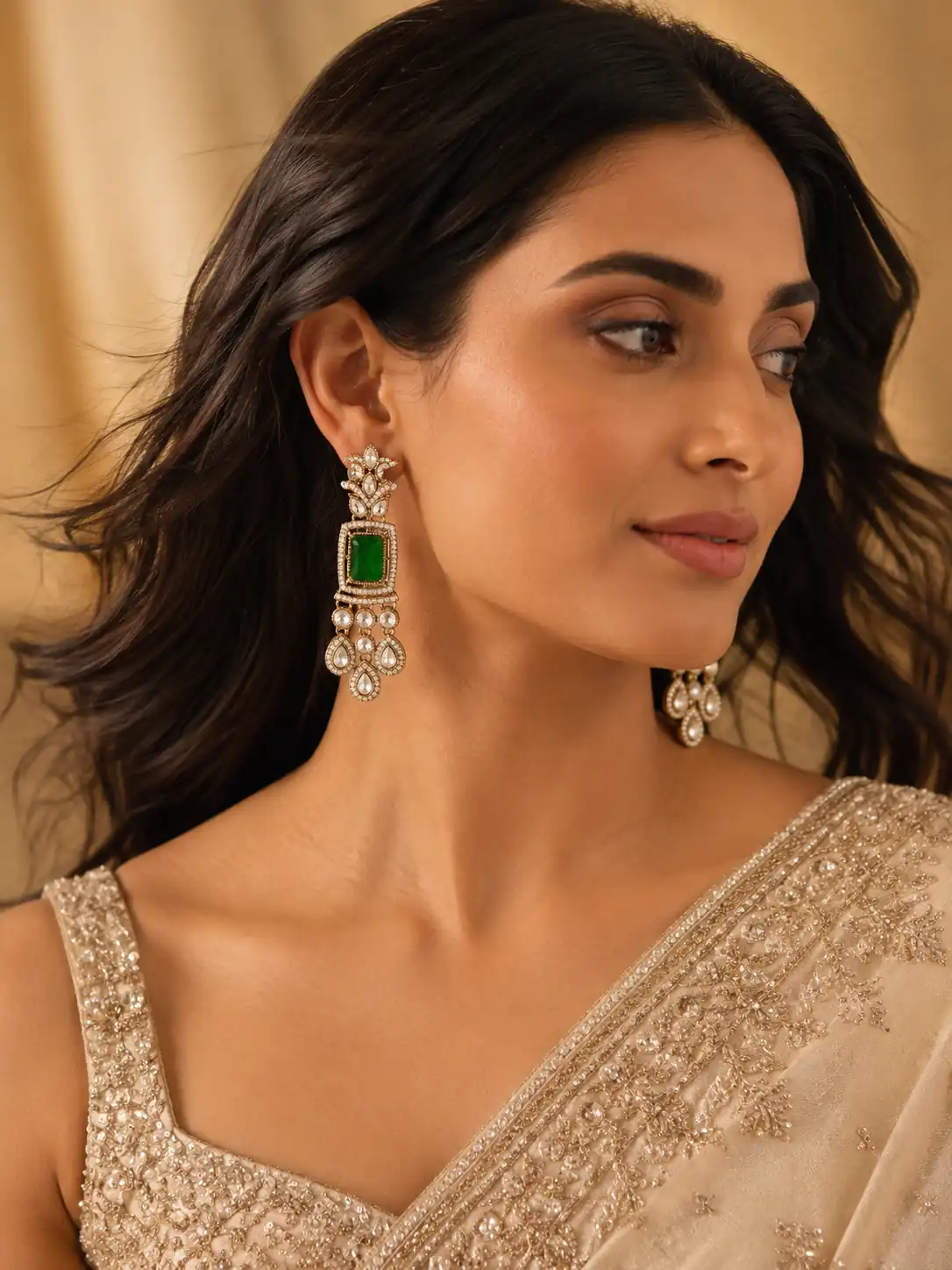 green rectangle chandelier earrings for wedding and festive wear – Zamrud Darbar Green Rectangle Chandelier Earrings, additional product view 6
