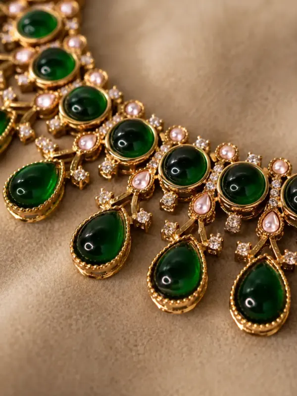 antique kundan necklace set for women – Rajvalli Green Round & Teardrop Necklace Set, additional product view 2