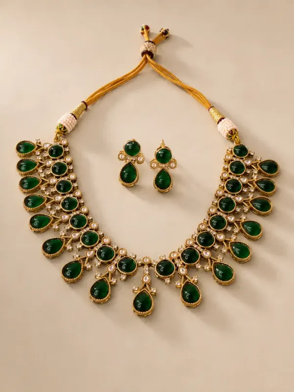 green round and teardrop necklace set for wedding and festive wear – Rajvalli Green Round & Teardrop Necklace Set, additional product view 3
