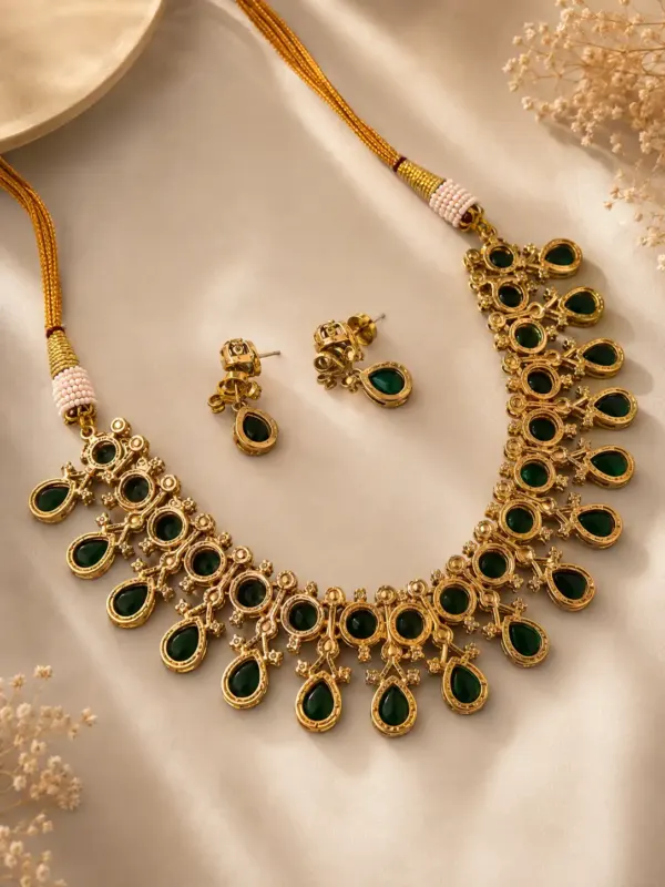premium artificial necklace set for wedding wear – Rajvalli Green Round & Teardrop Necklace Set, additional product view 4