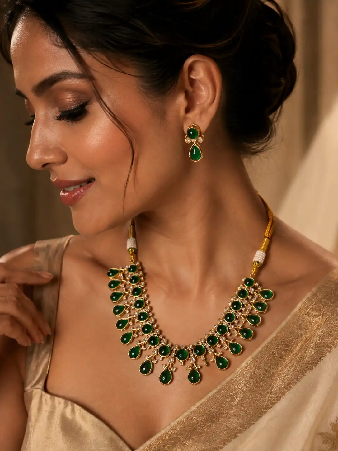 green round and teardrop necklace set for wedding and festive wear – Rajvalli Green Round & Teardrop Necklace Set, additional product view 6