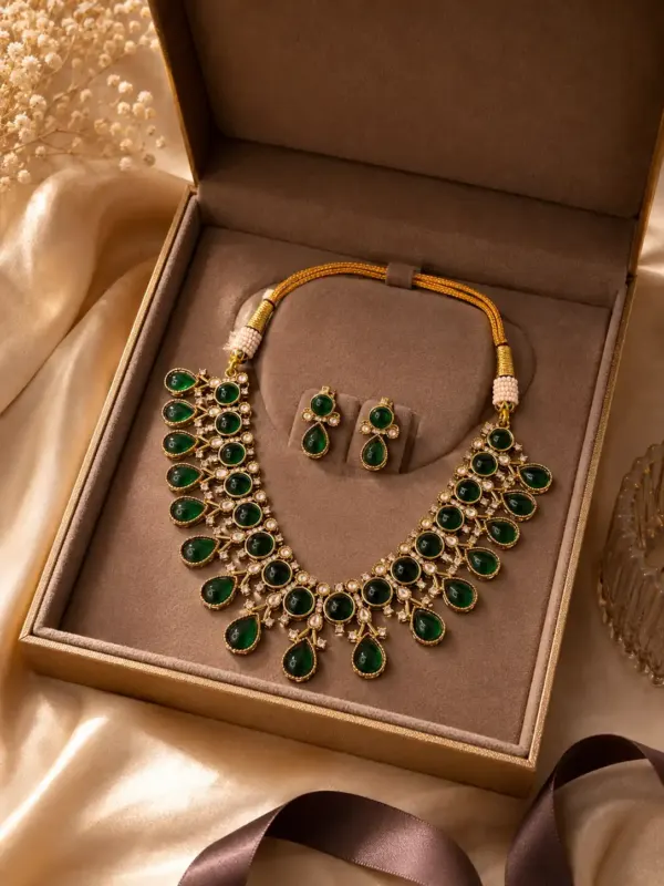 premium artificial necklace set for wedding wear – Rajvalli Green Round & Teardrop Necklace Set, additional product view 7