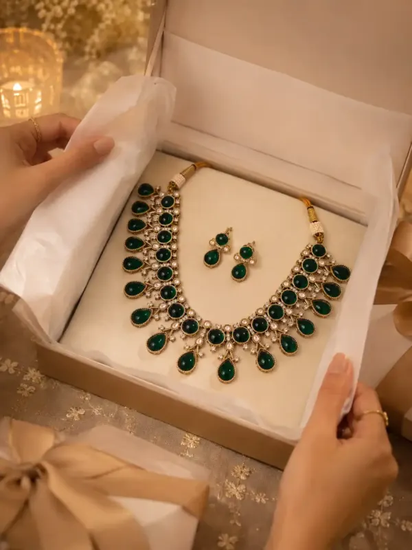 antique kundan necklace set for women – Rajvalli Green Round & Teardrop Necklace Set, additional product view 8