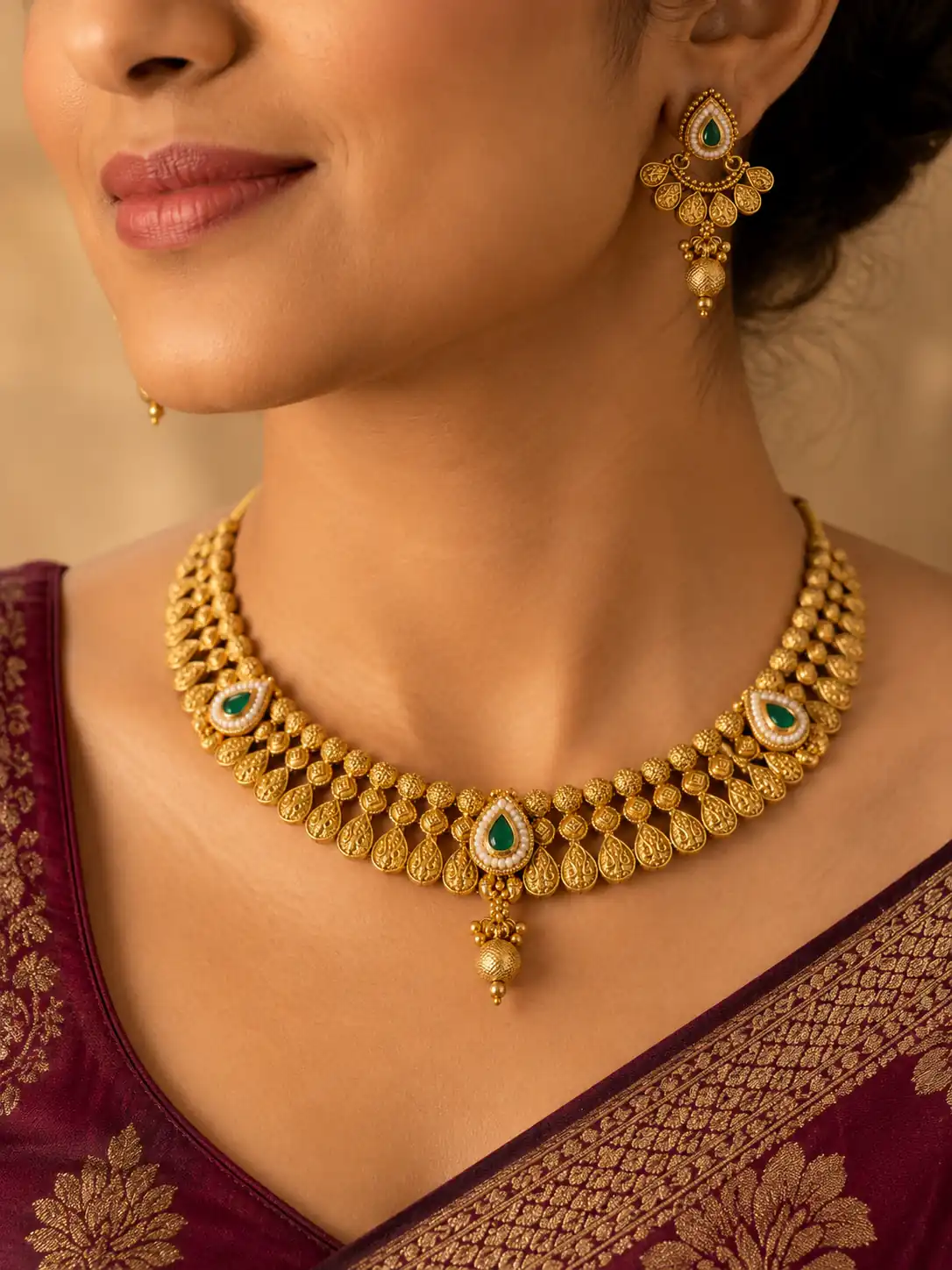 green teardrop heritage necklace set for wedding and festive wear – Rajmohini Green Teardrop Heritage Necklace Set, additional product view 3