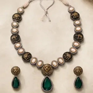 ivory and green wildlife-motif necklace set – Rajsimha Ivory & Green Wildlife-Motif Necklace Set