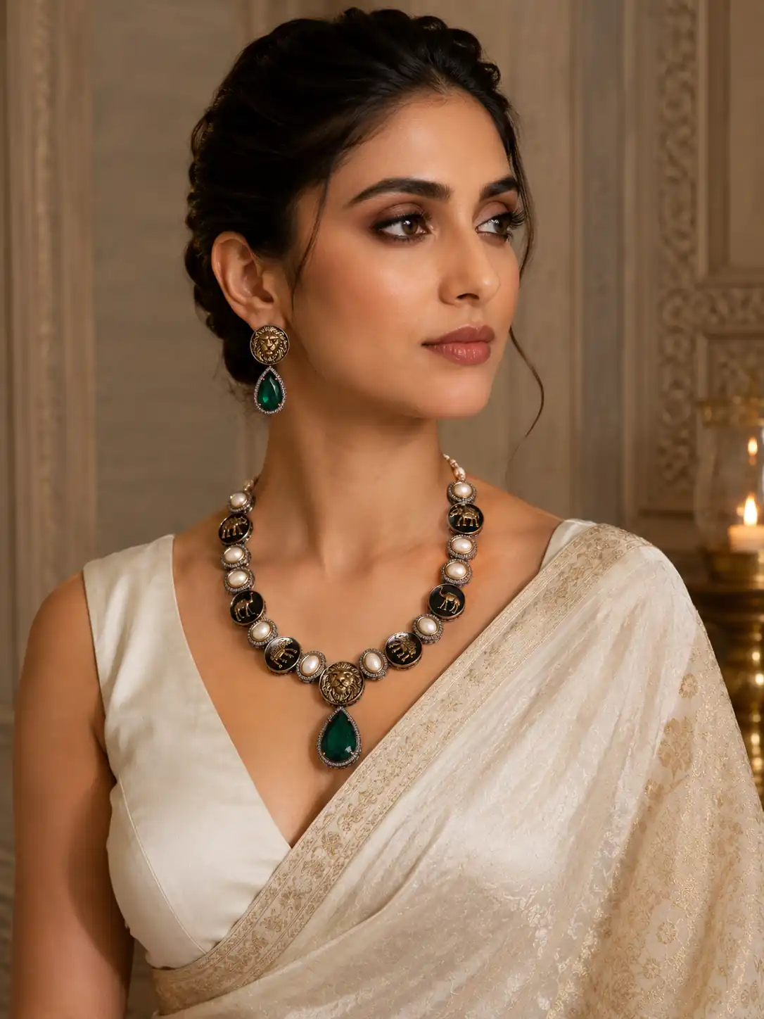 ivory and green wildlife-motif necklace set for wedding and festive wear – Rajsimha Ivory & Green Wildlife-Motif Necklace Set, additional product…