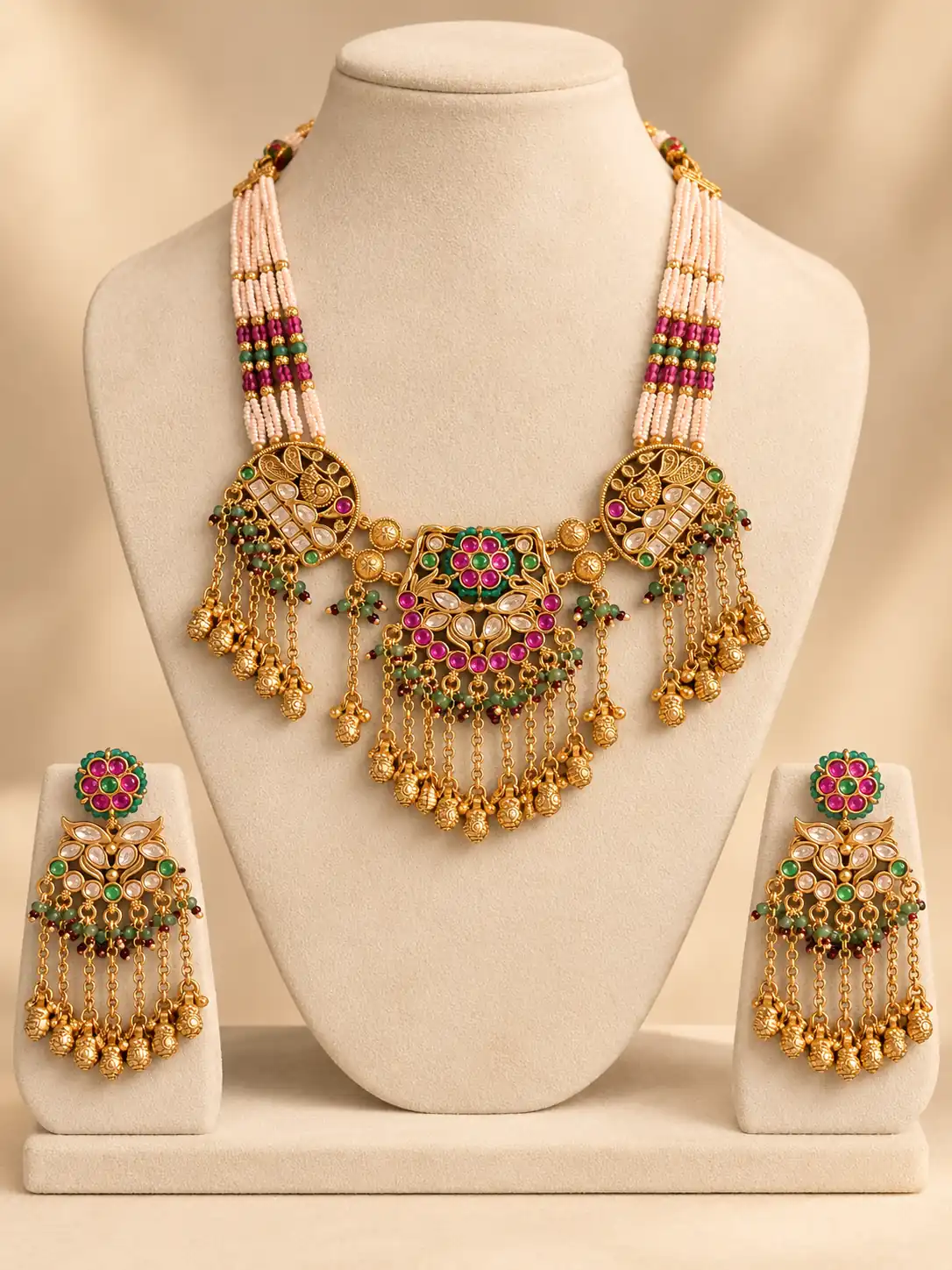 rangmahal-ivory-beaded-chain-fringe-necklace-set
