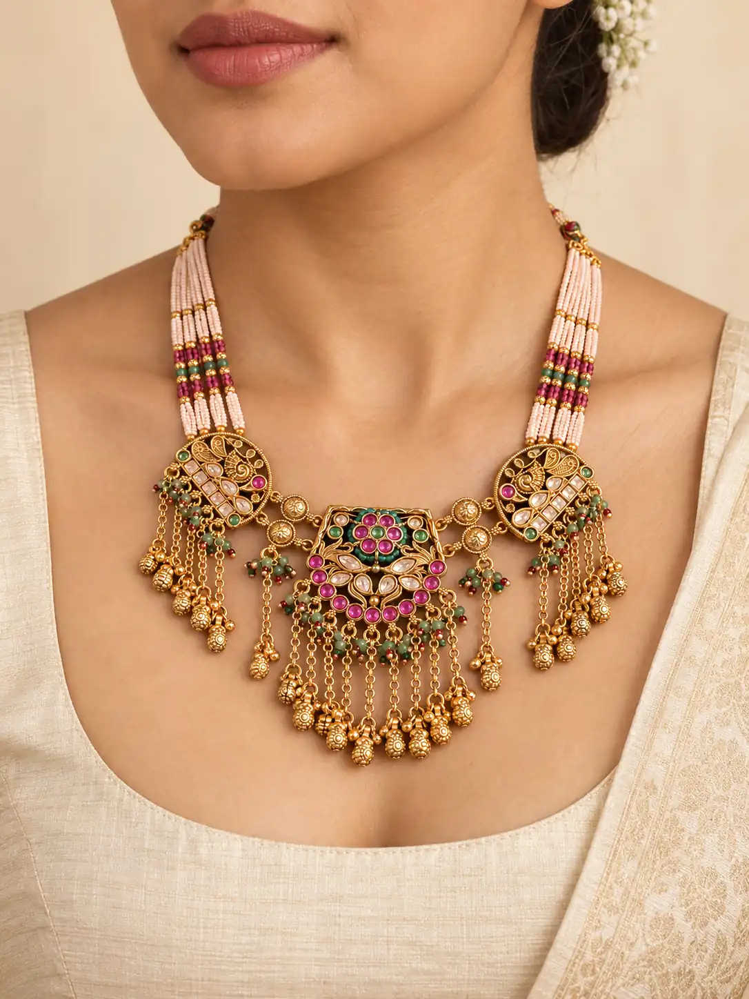 antique kundan necklace set for women – Rangmahal Ivory Beaded Chain-Fringe Necklace Set, additional product view 2