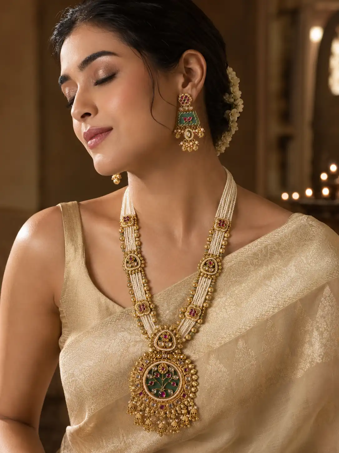 ivory beaded floral rani haar set for wedding and festive wear – Rajmohini Ivory Beaded Floral Rani Haar Set, additional product view 6