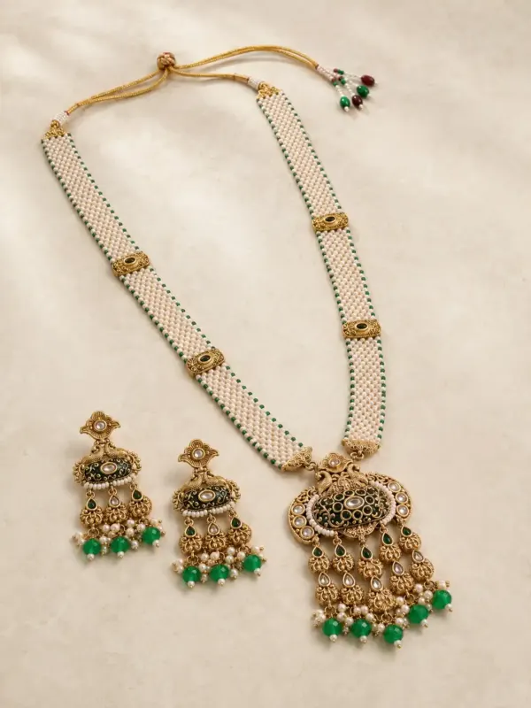 premium artificial necklace set for wedding wear – Mayurmani Ivory Beaded Peacock Pendant Necklace Set, additional product view 4