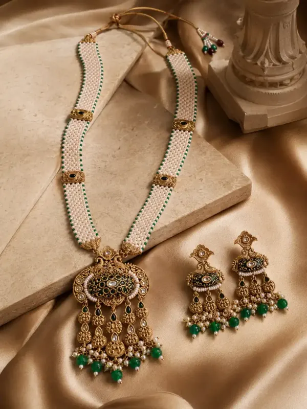 ivory beaded peacock pendant necklace set for wedding and festive wear – Mayurmani Ivory Beaded Peacock Pendant Necklace Set, additional product…