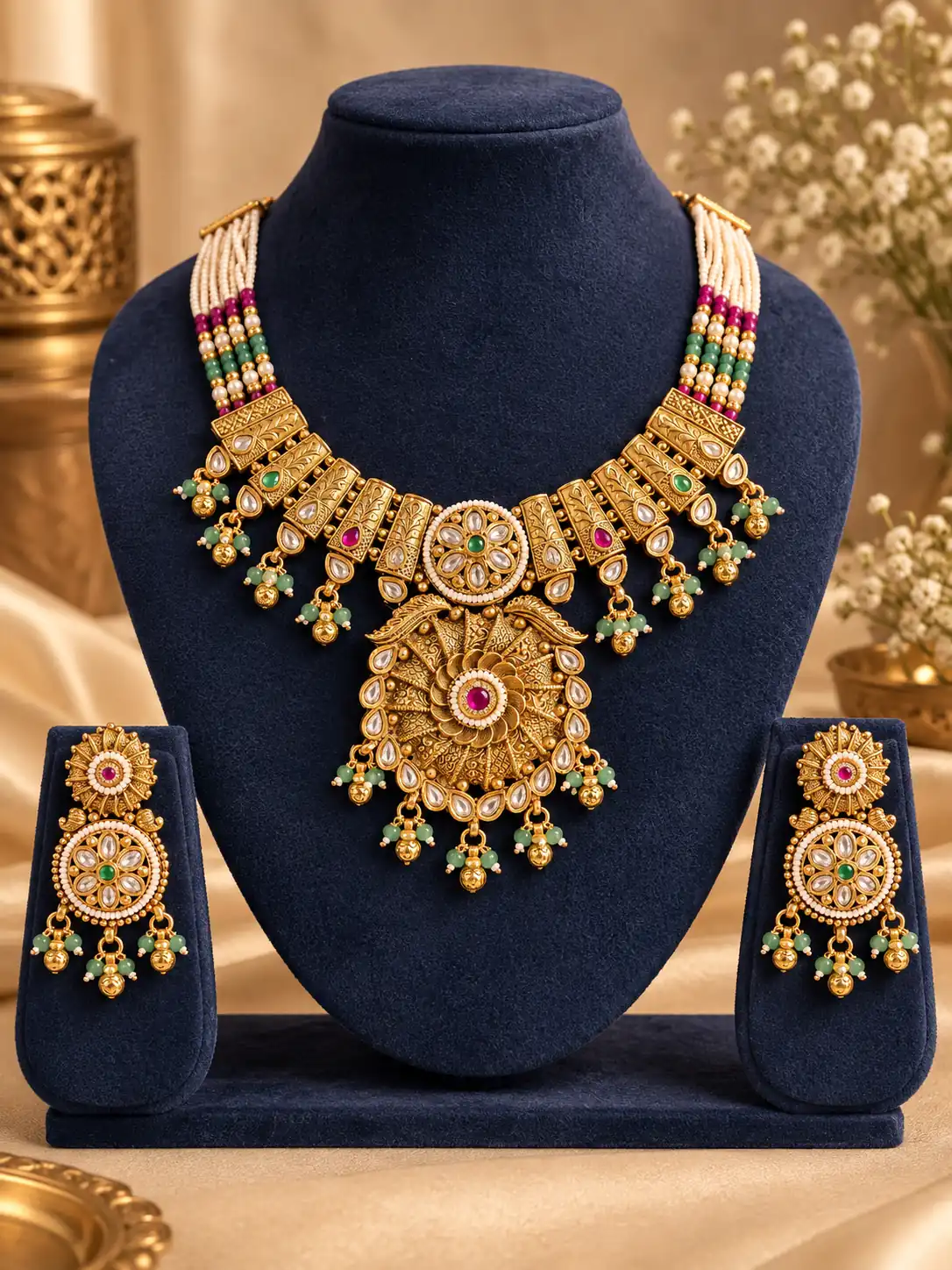 padmarani-ivory-beaded-pink-swirl-pendant-necklace-set