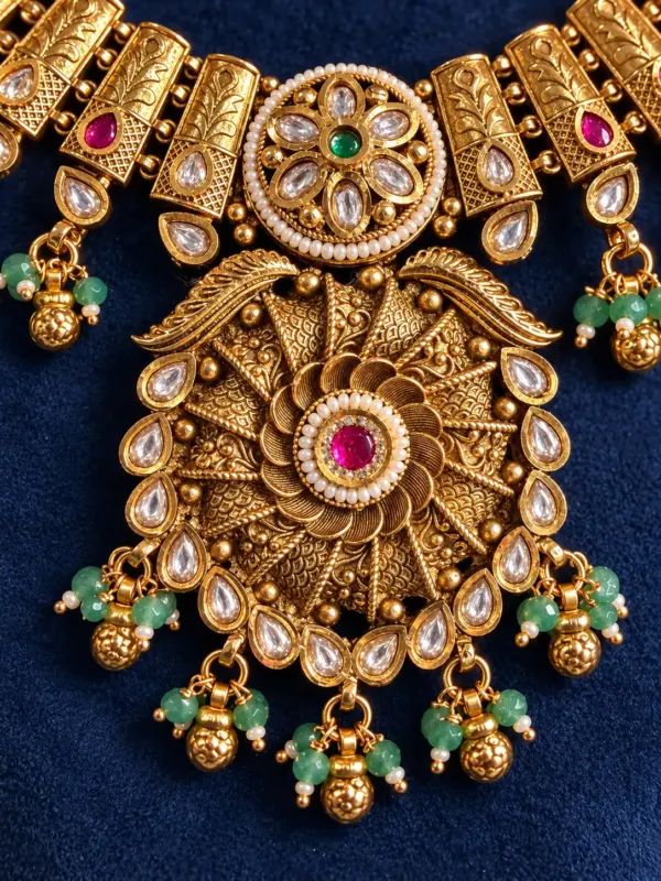 antique kundan necklace set for women – Padmarani Ivory Beaded Pink Swirl Pendant Necklace Set, additional product view 2
