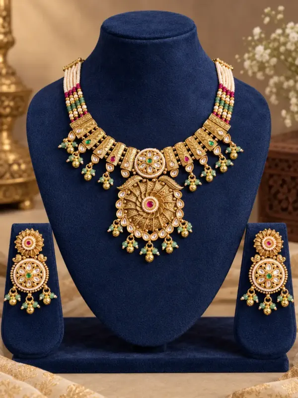 premium artificial necklace set for wedding wear – Padmarani Ivory Beaded Pink Swirl Pendant Necklace Set, additional product view 4