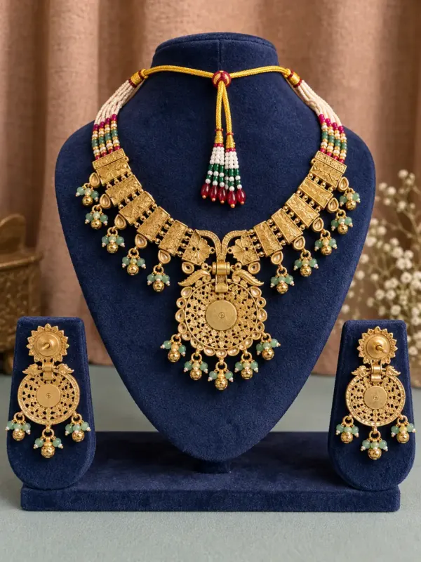antique kundan necklace set for women – Padmarani Ivory Beaded Pink Swirl Pendant Necklace Set, additional product view 5