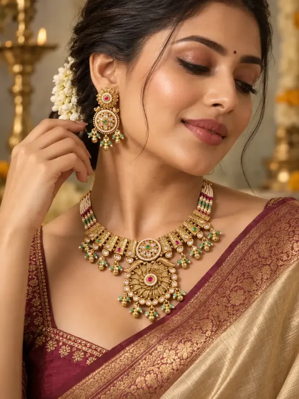 antique kundan necklace set for women – Padmarani Ivory Beaded Pink Swirl Pendant Necklace Set, additional product view 8