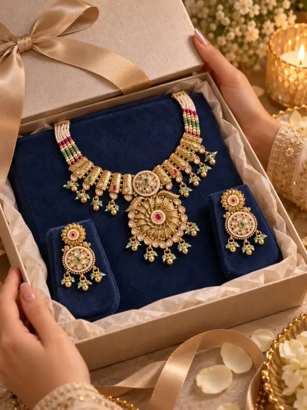 premium artificial necklace set for wedding wear – Padmarani Ivory Beaded Pink Swirl Pendant Necklace Set, additional product view 10