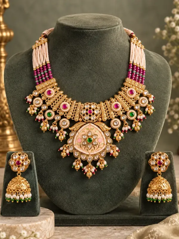 ivory floral pendant and jhumka necklace set – Padmavalli Ivory Floral Pendant & Jhumka Necklace Set