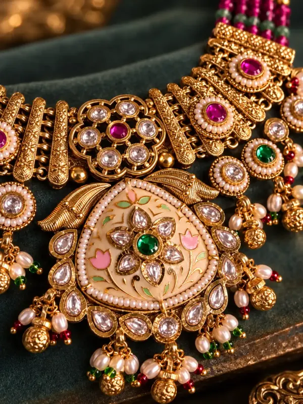 antique kundan necklace set for women – Padmavalli Ivory Floral Pendant & Jhumka Necklace Set, additional product view 2