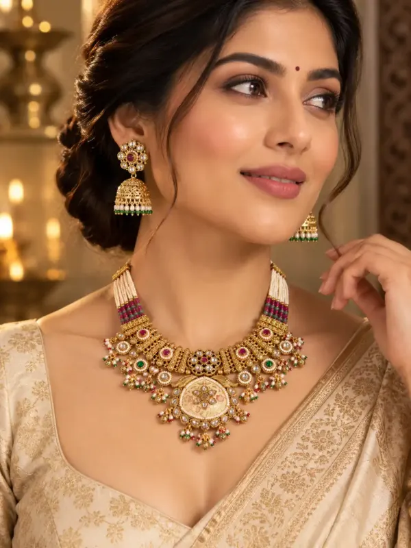 ivory floral pendant and jhumka necklace set for wedding and festive wear – Padmavalli Ivory Floral Pendant & Jhumka Necklace Set, additional…