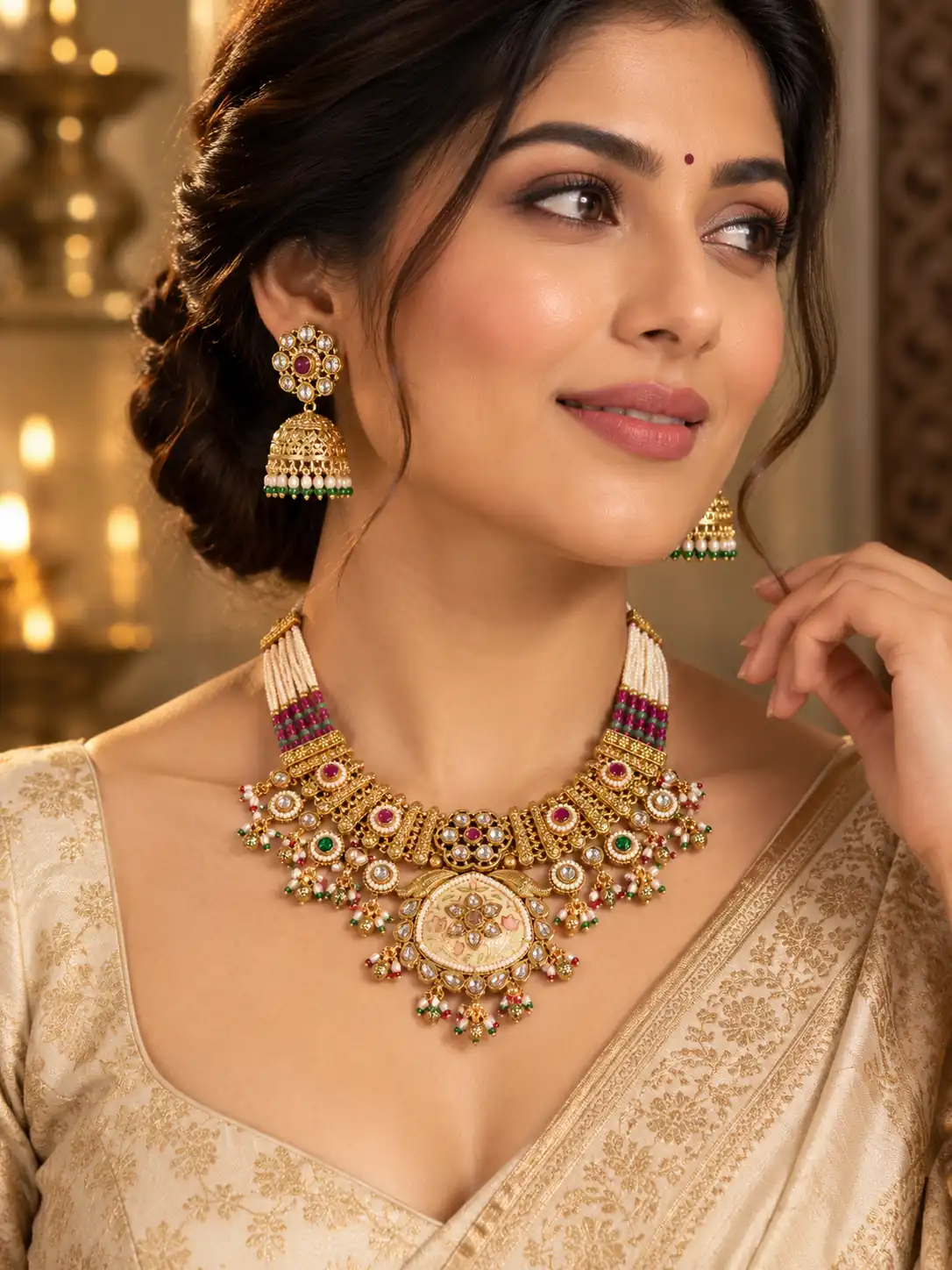 ivory floral pendant and jhumka necklace set for wedding and festive wear – Padmavalli Ivory Floral Pendant & Jhumka Necklace Set, additional…