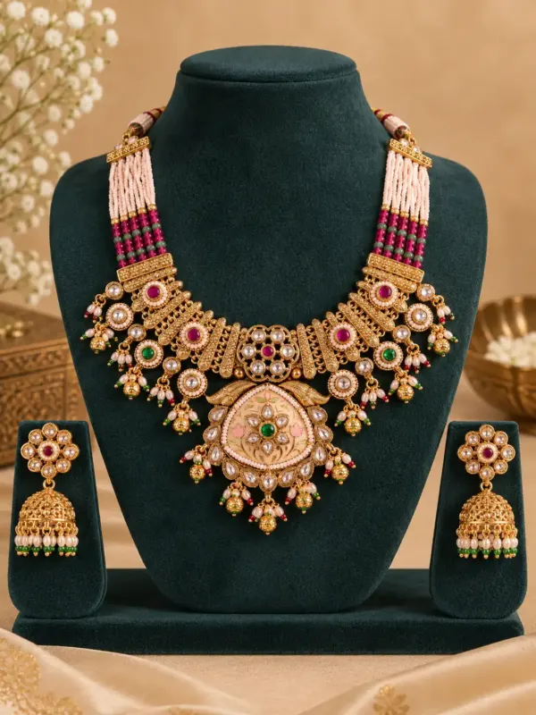 premium artificial necklace set for wedding wear – Padmavalli Ivory Floral Pendant & Jhumka Necklace Set, additional product view 4