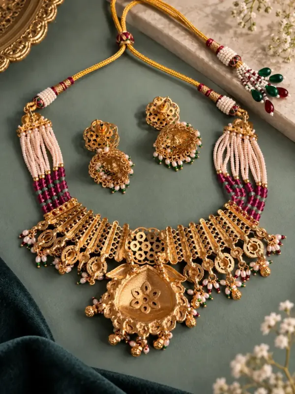 antique kundan necklace set for women – Padmavalli Ivory Floral Pendant & Jhumka Necklace Set, additional product view 5