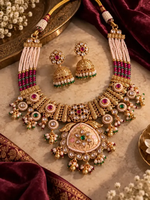 ivory floral pendant and jhumka necklace set for wedding and festive wear – Padmavalli Ivory Floral Pendant & Jhumka Necklace Set, additional…