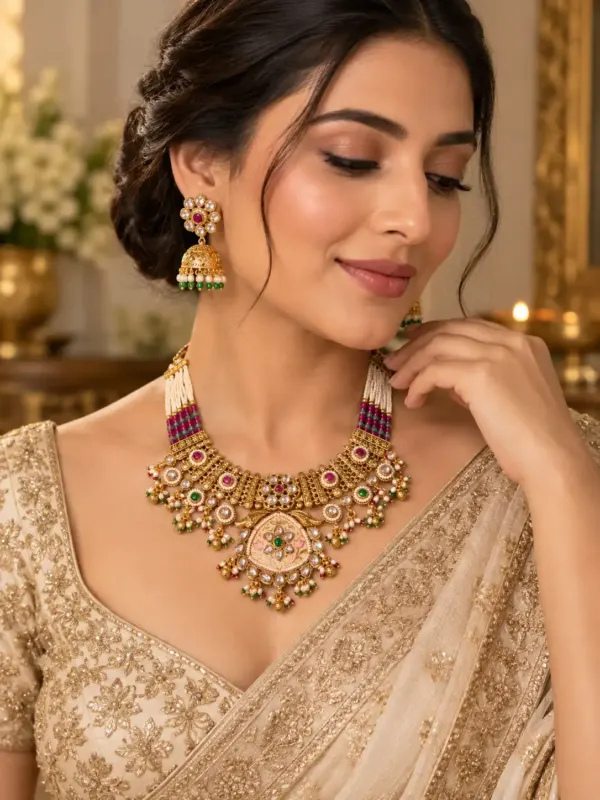 premium artificial necklace set for wedding wear – Padmavalli Ivory Floral Pendant & Jhumka Necklace Set, additional product view 7