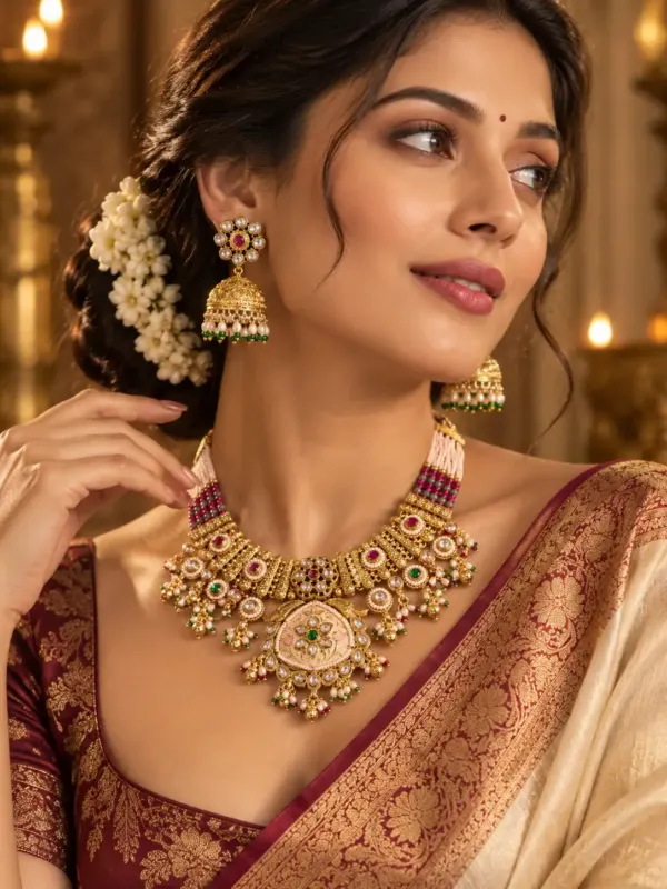 antique kundan necklace set for women – Padmavalli Ivory Floral Pendant & Jhumka Necklace Set, additional product view 8