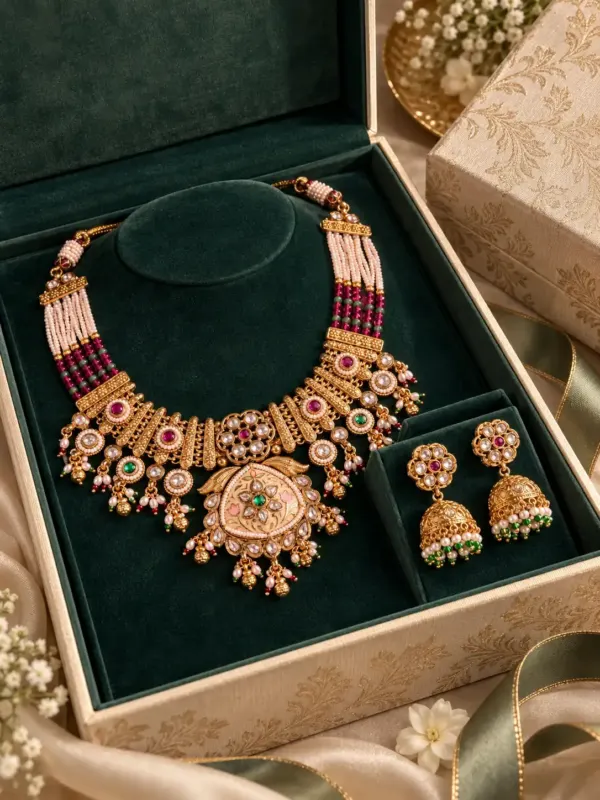 ivory floral pendant and jhumka necklace set for wedding and festive wear – Padmavalli Ivory Floral Pendant & Jhumka Necklace Set, additional…