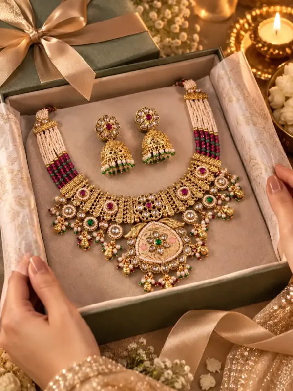 premium artificial necklace set for wedding wear – Padmavalli Ivory Floral Pendant & Jhumka Necklace Set, additional product view 10