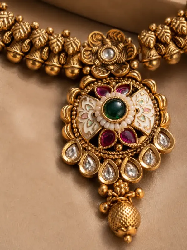 antique kundan necklace set for women – Rajkamal Ivory Floral Pendant Necklace Set, additional product view 2