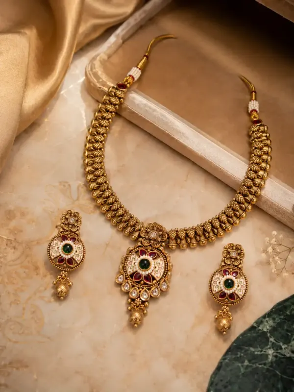 antique kundan necklace set for women – Rajkamal Ivory Floral Pendant Necklace Set, additional product view 5