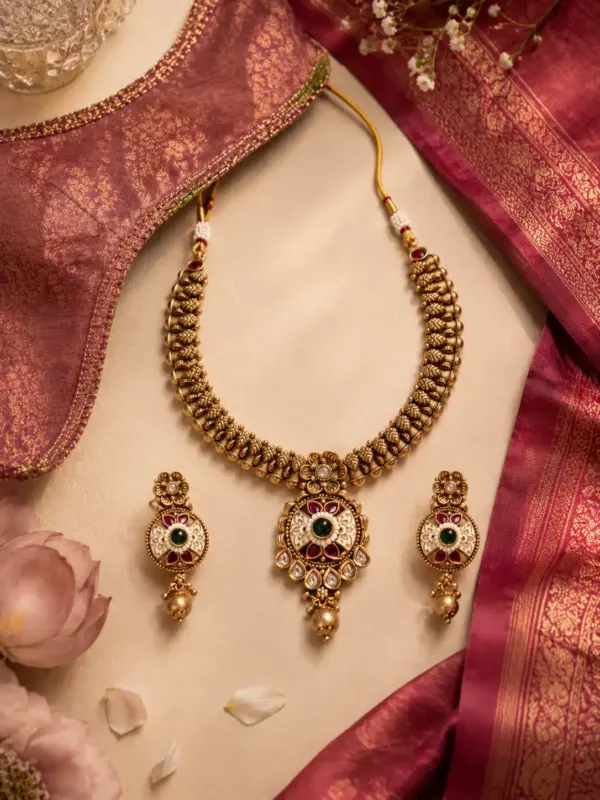 ivory floral pendant necklace set for wedding and festive wear – Rajkamal Ivory Floral Pendant Necklace Set, additional product view 6