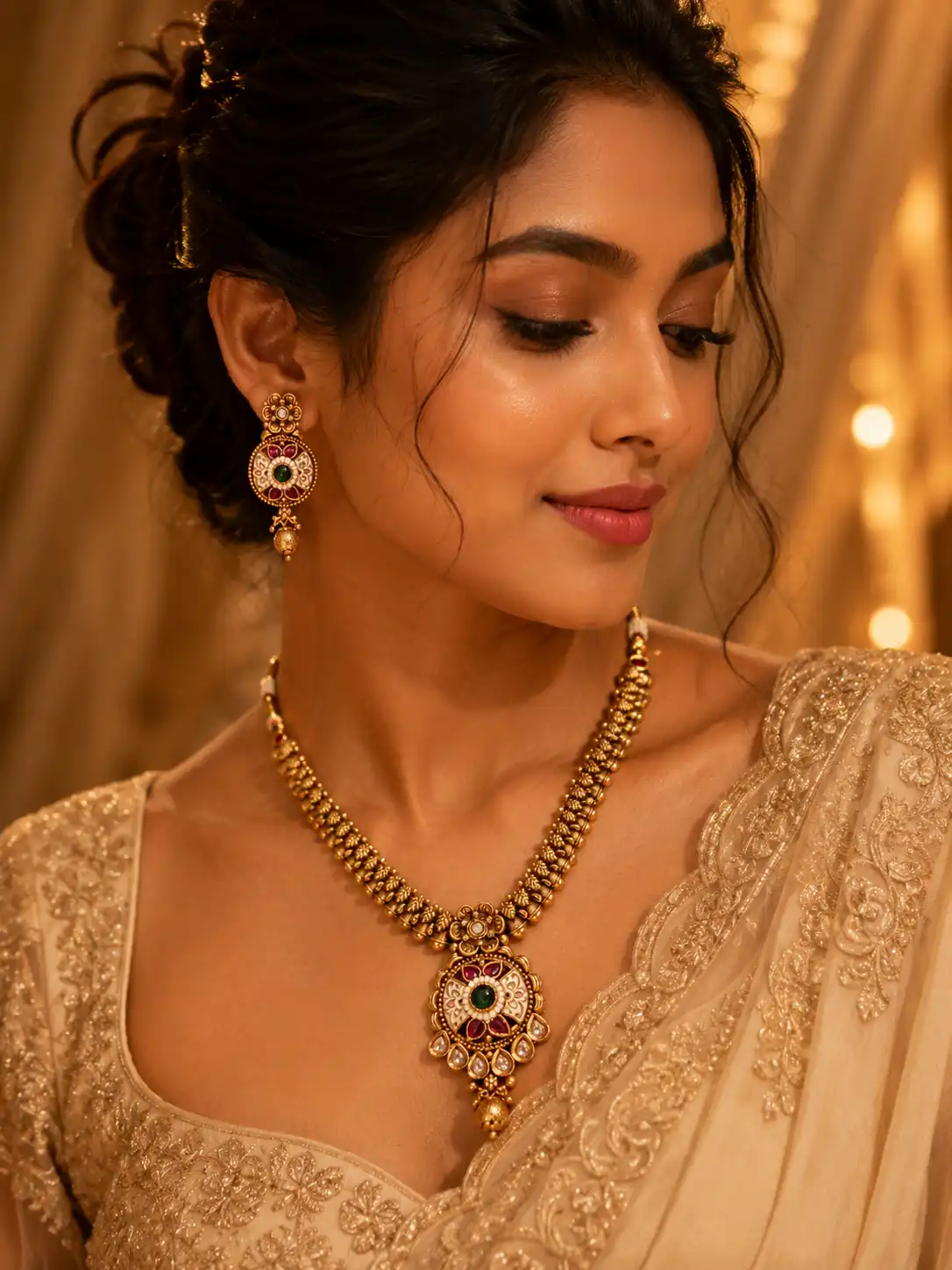 premium artificial necklace set for wedding wear – Rajkamal Ivory Floral Pendant Necklace Set, additional product view 7