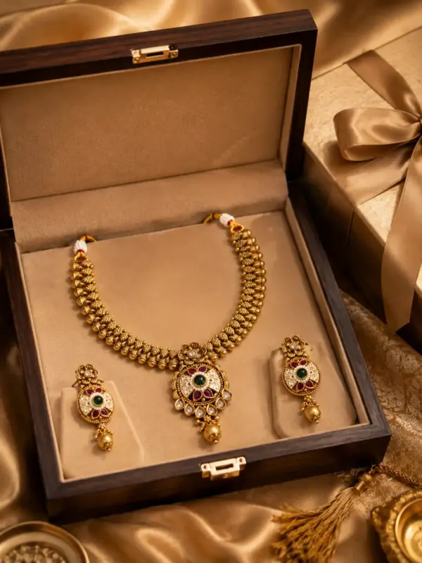 antique kundan necklace set for women – Rajkamal Ivory Floral Pendant Necklace Set, additional product view 8