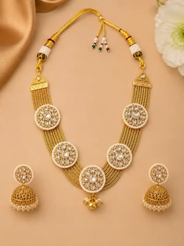 layered medallion necklace and jhumka set for wedding and festive wear – Kanakprabha Layered Medallion Necklace & Jhumka Set, additional product…
